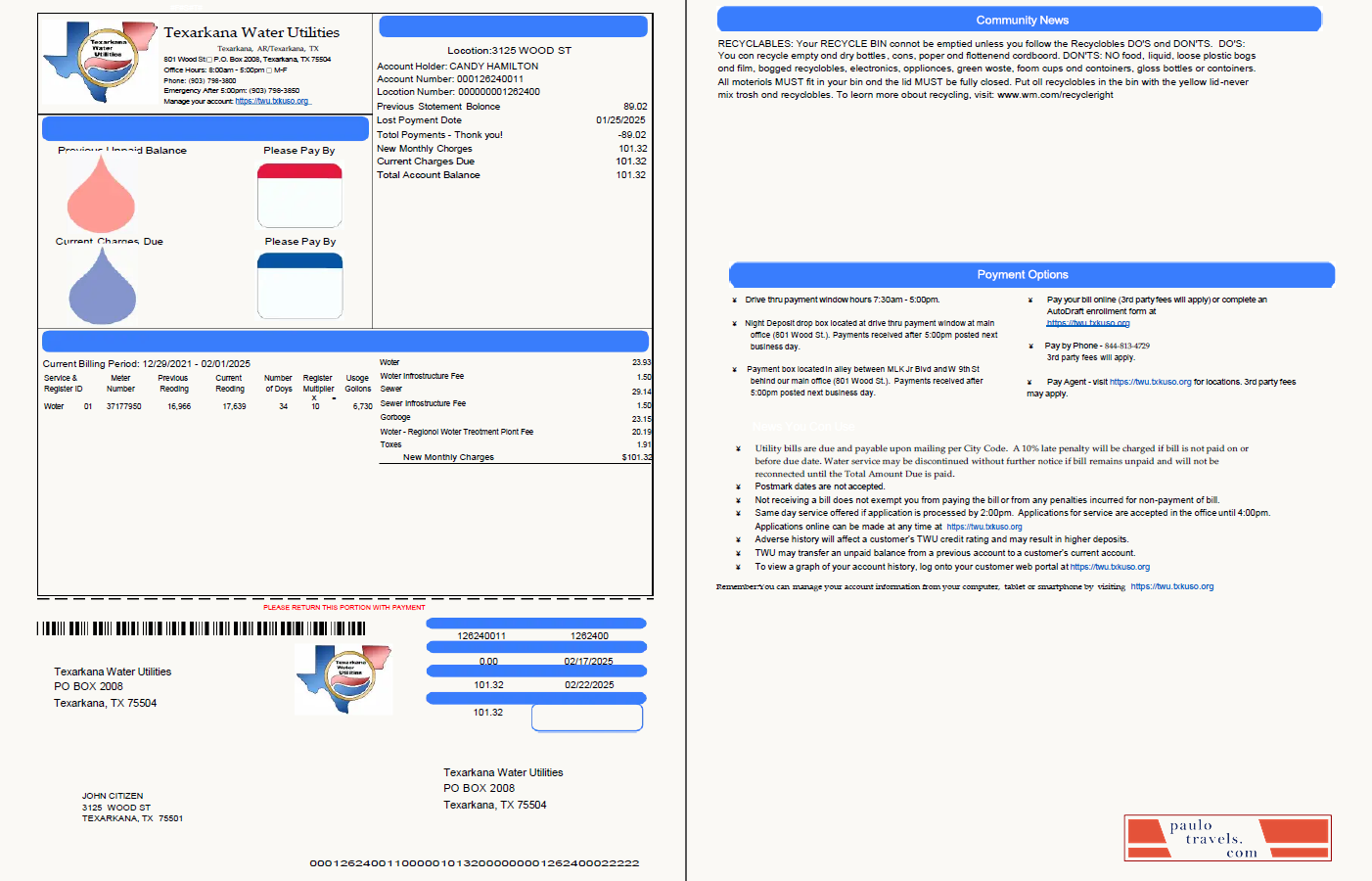 USA Texarkana water utilities utility bill template in Word and PDF formats, 2 pages